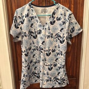 Floral Blue and White Women's Scrub Top